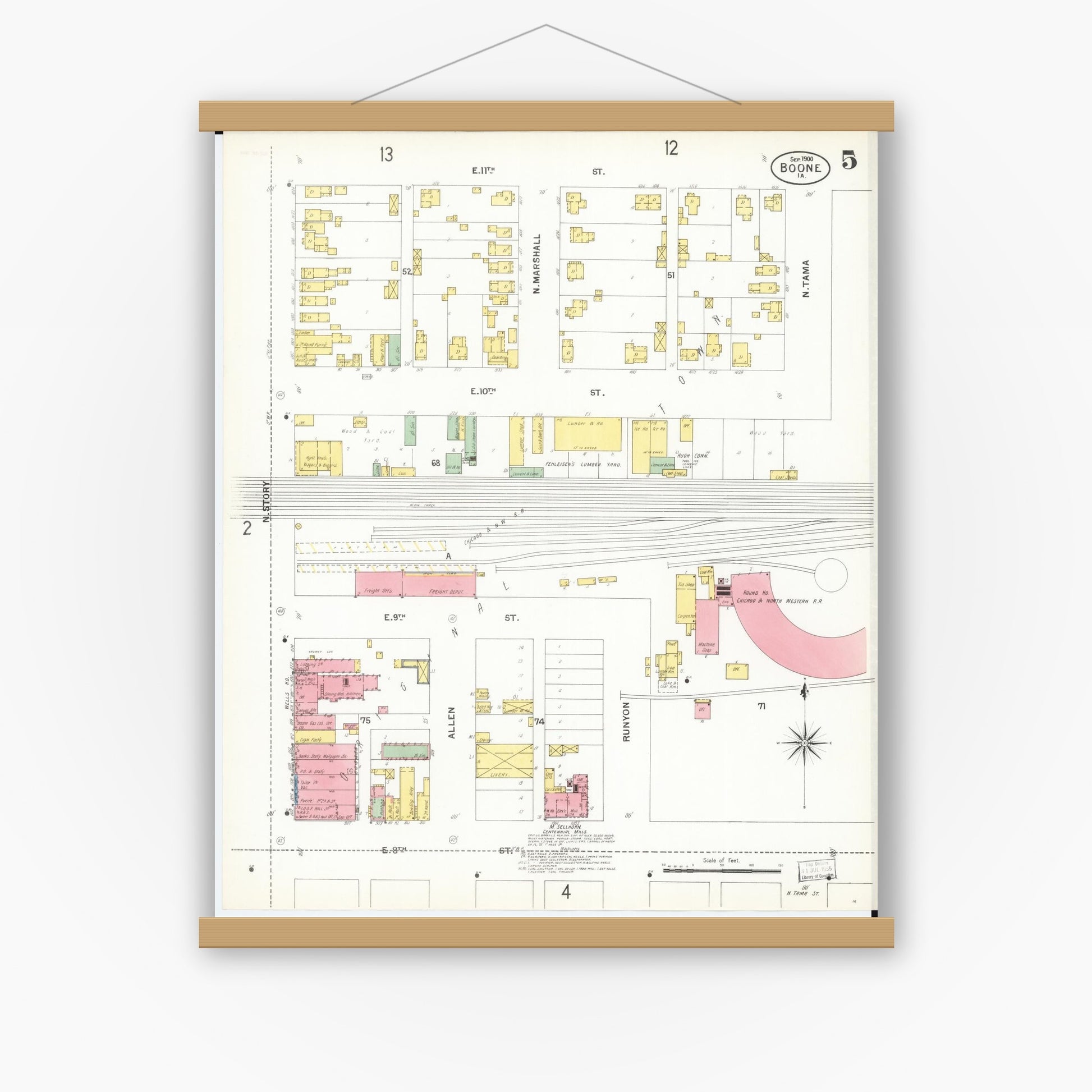 Old map wall art mockup — magnetic wood frame on white wall — Sanborn Fire Insurance Map from Boone, Boone County, Iowa (1900), Sheet #0005