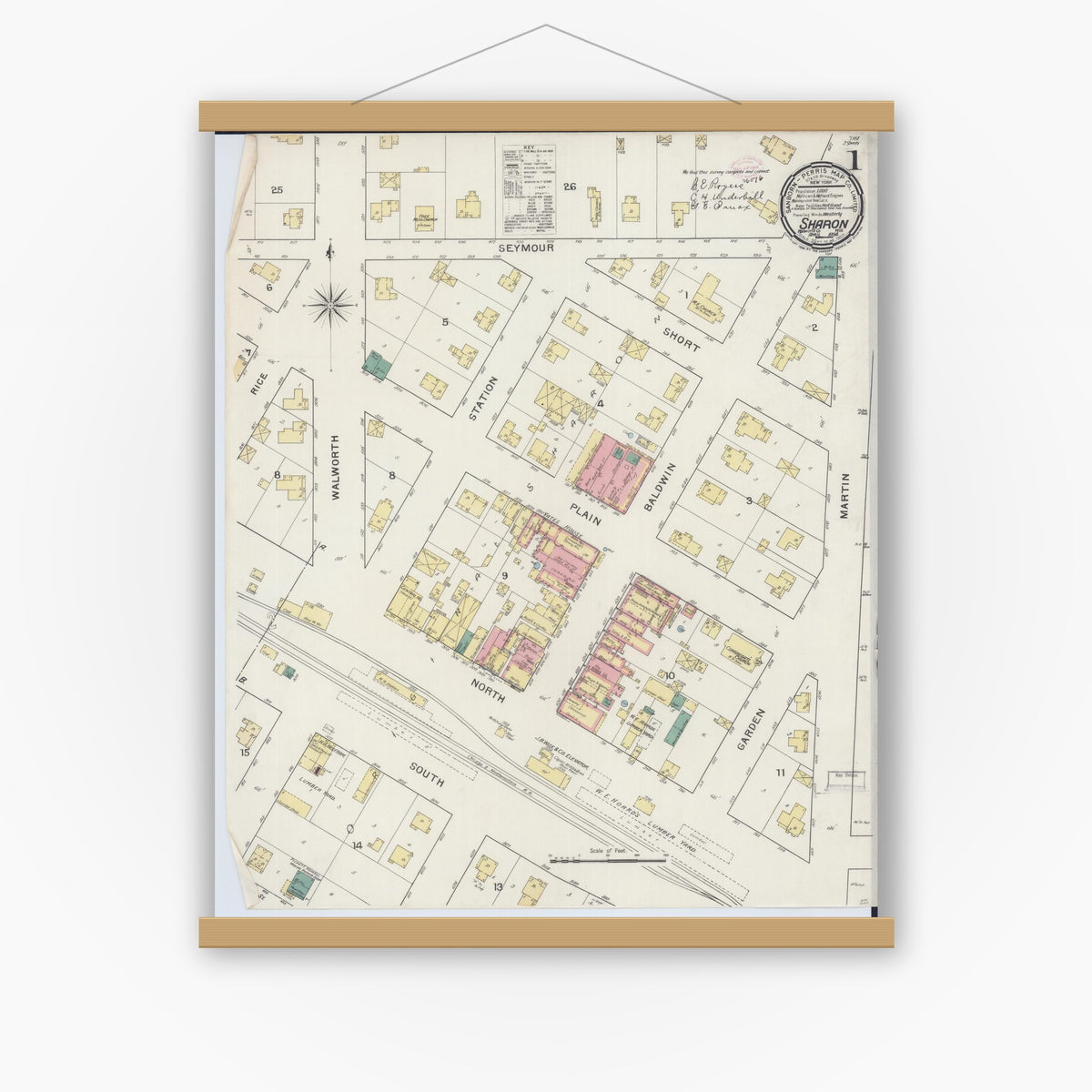 Old map wall art mockup — magnetic wood frame on white wall — Sanborn Fire Insurance Map from Sharon, Walworth County, Wisconsin (1894) - Complete Map Set