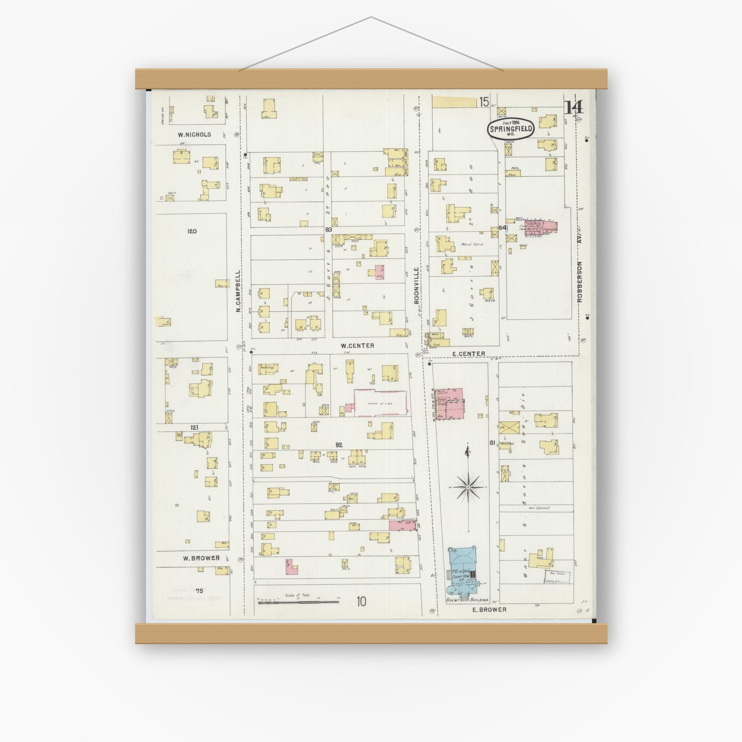 Old map wall art mockup — magnetic wood frame on white wall — Sanborn Fire Insurance Map from Springfield, Greene County, Missouri (1896), Sheet #0014