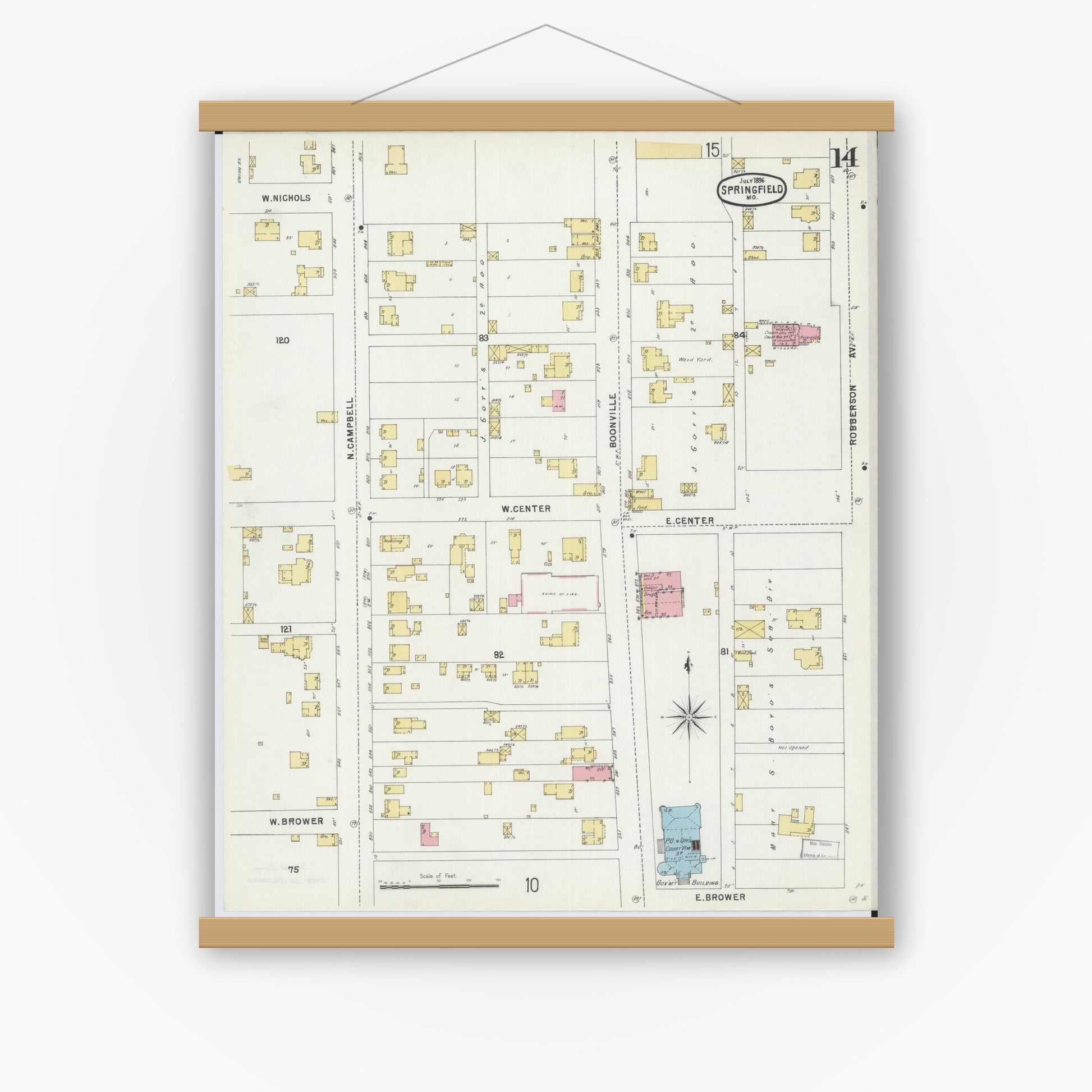 Old map wall art mockup — magnetic wood frame on white wall — Sanborn Fire Insurance Map from Springfield, Greene County, Missouri (1896), Sheet #0014