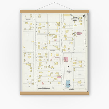 Old map wall art mockup — magnetic wood frame on white wall — Sanborn Fire Insurance Map from Springfield, Greene County, Missouri (1896), Sheet #0014