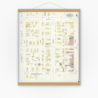 Old map wall art mockup — magnetic wood frame on white wall — Sanborn Fire Insurance Map from Rochester, Oakland County, Michigan (1908), Sheet #0002