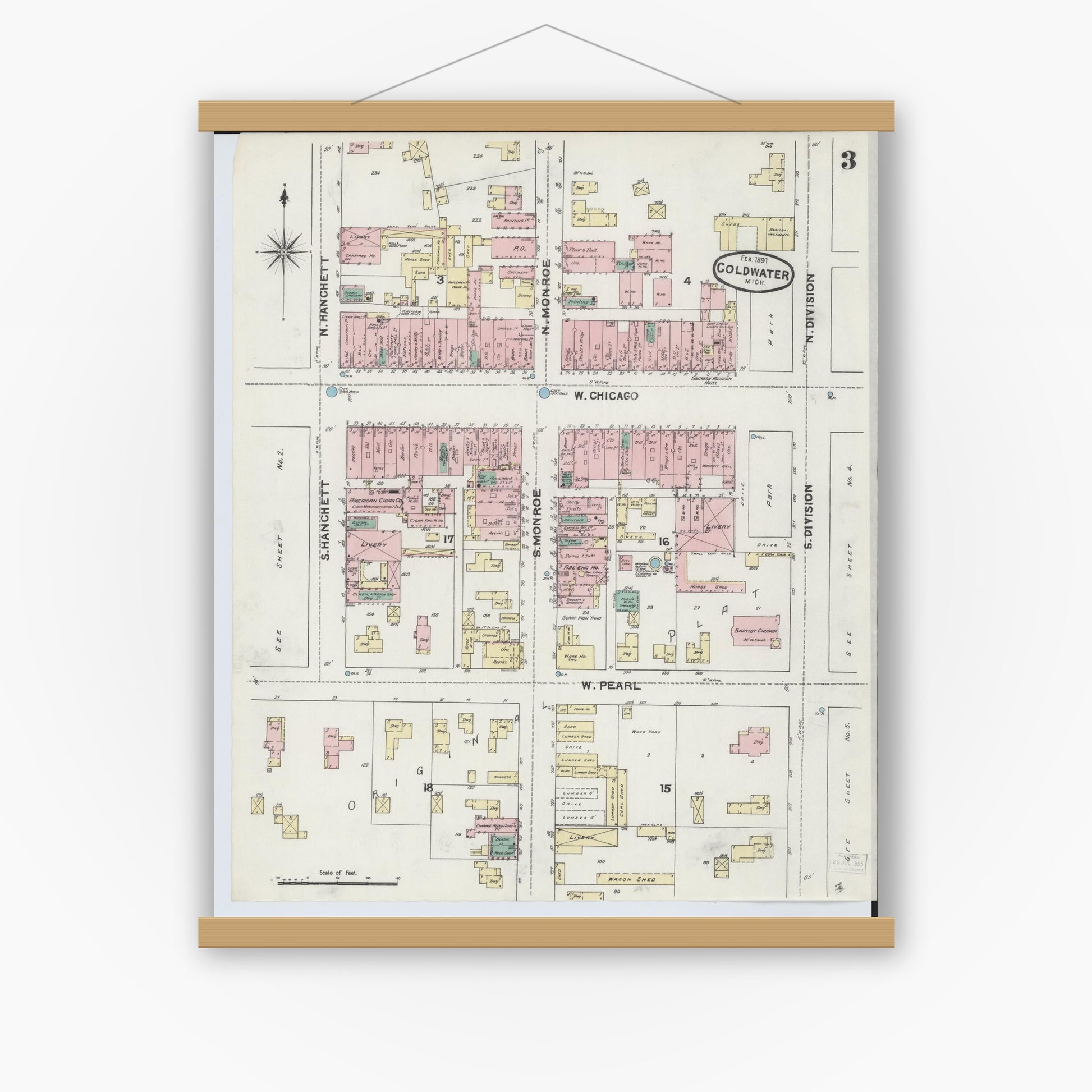 Old map wall art mockup — magnetic wood frame on white wall — Sanborn Fire Insurance Map from Coldwater, Branch County, Michigan (1891), Sheet #0003