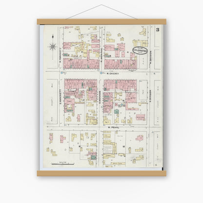 Old map wall art mockup — magnetic wood frame on white wall — Sanborn Fire Insurance Map from Coldwater, Branch County, Michigan (1891), Sheet #0003