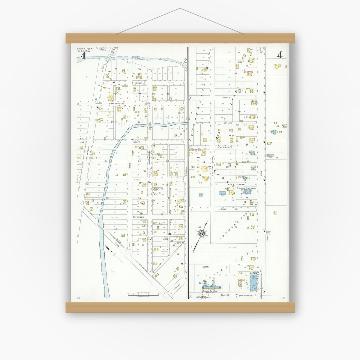 Old map wall art mockup — magnetic wood frame on white wall — Sanborn Fire Insurance Map from Boerne, Kendall County, Texas (1937), Sheet #0004