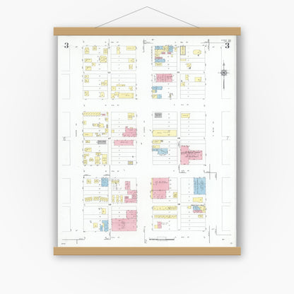 Old map wall art mockup — magnetic wood frame on white wall — Sanborn Fire Insurance Map from Dumas, Moore County, Texas (1950), Sheet #0003