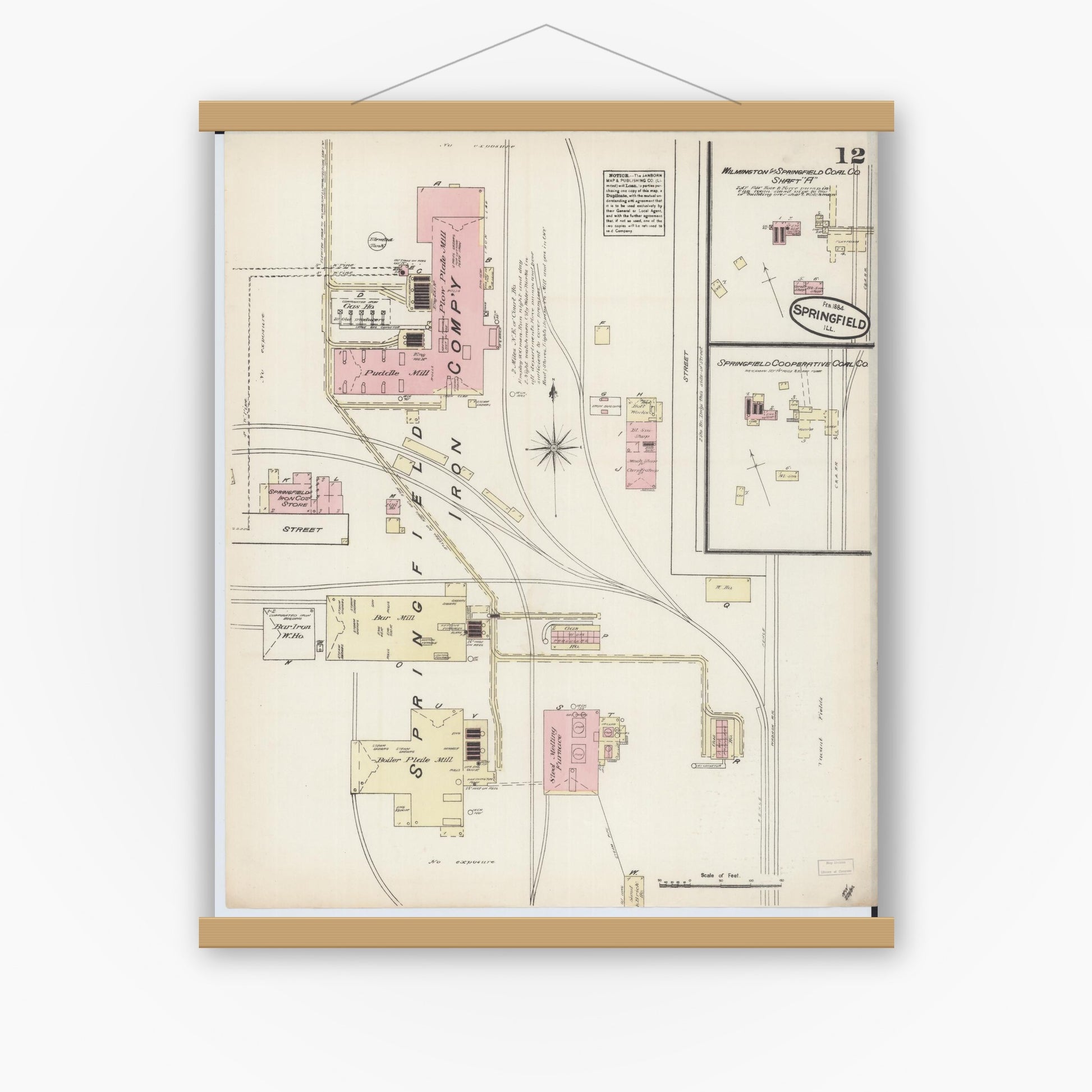 Old map wall art mockup — magnetic wood frame on white wall — Sanborn Fire Insurance Map from Springfield, Sangamon County, Illinois (1884), Sheet #0012