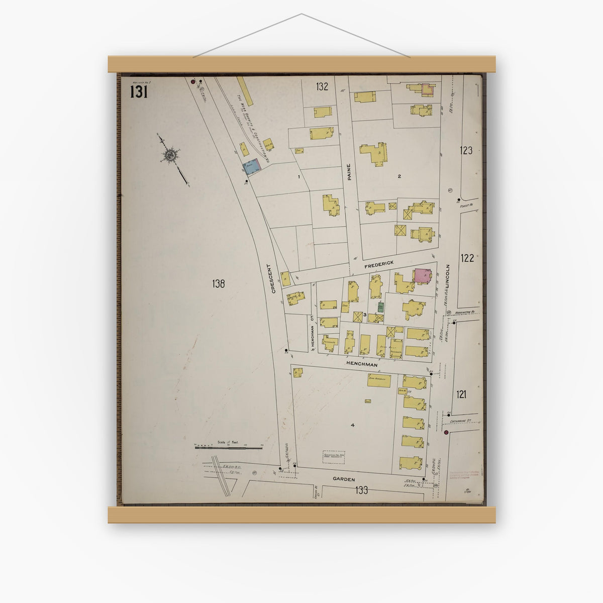 Old map wall art mockup — magnetic wood frame on white wall — Sanborn Fire Insurance Map from Worcester, Worcester County, Massachusetts (1910), Sheet #0131