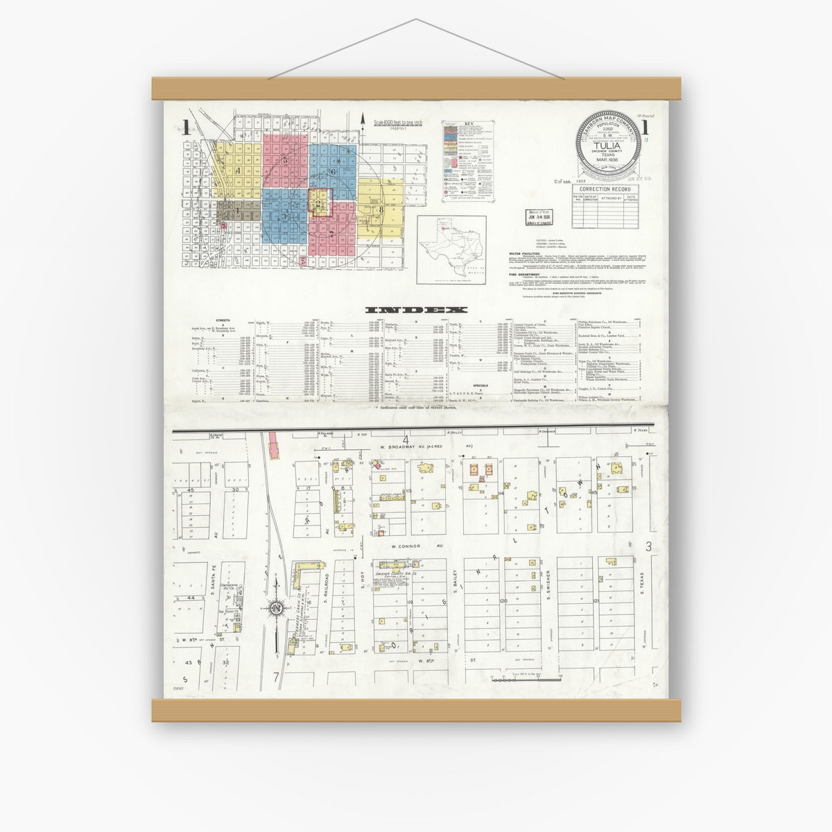 Old map wall art mockup — magnetic wood frame on white wall — Sanborn Fire Insurance Map from Tulia, Swisher County, Texas (1936) - Complete Map Set
