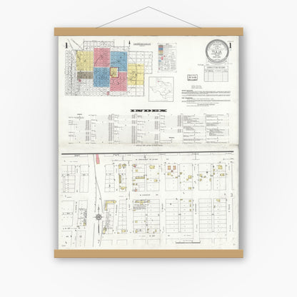 Old map wall art mockup — magnetic wood frame on white wall — Sanborn Fire Insurance Map from Tulia, Swisher County, Texas (1936) - Complete Map Set