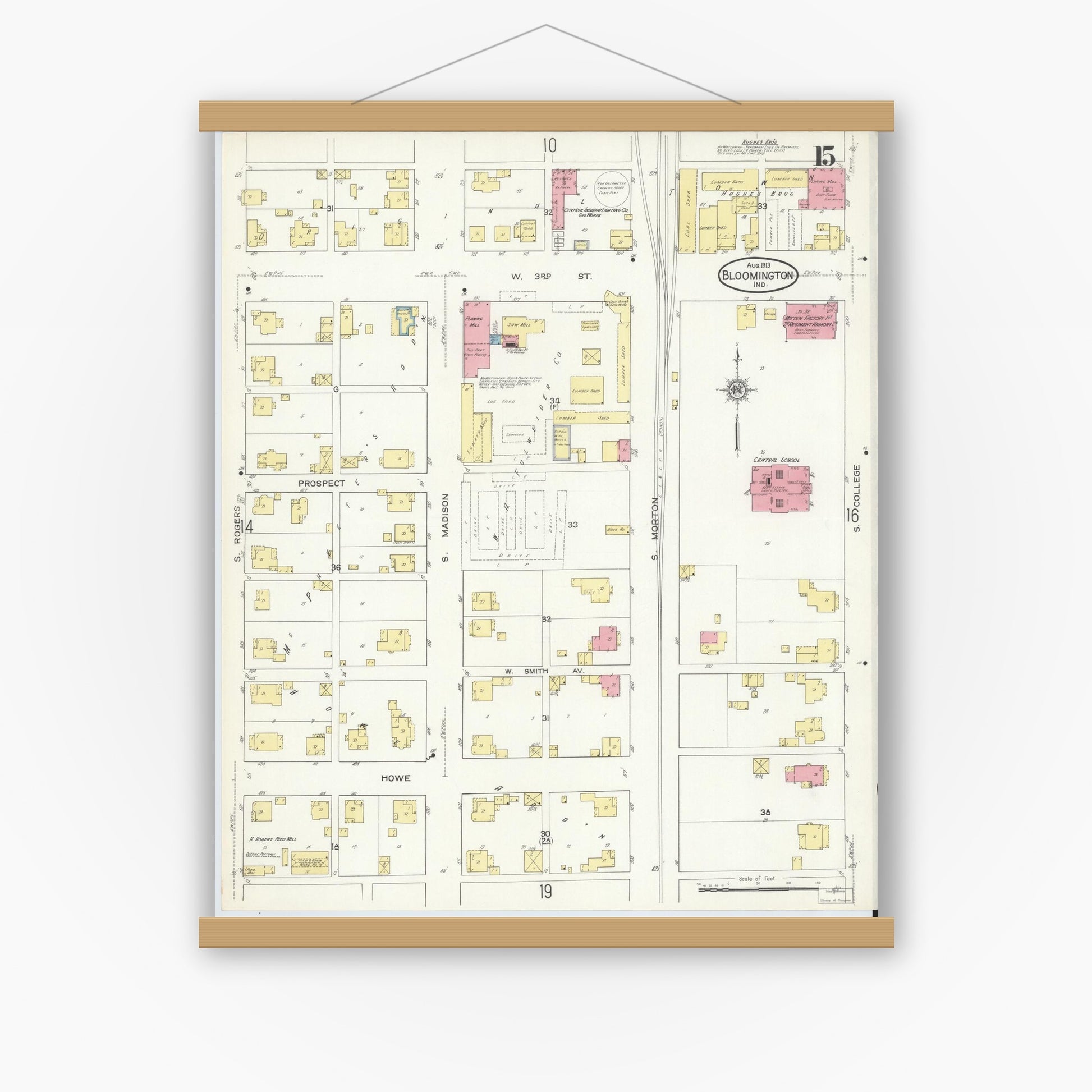 Old map wall art mockup — magnetic wood frame on white wall — Sanborn Fire Insurance Map from Bloomington, Monroe County, Indiana (1913), Sheet #0015