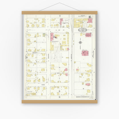 Old map wall art mockup — magnetic wood frame on white wall — Sanborn Fire Insurance Map from Bloomington, Monroe County, Indiana (1913), Sheet #0015
