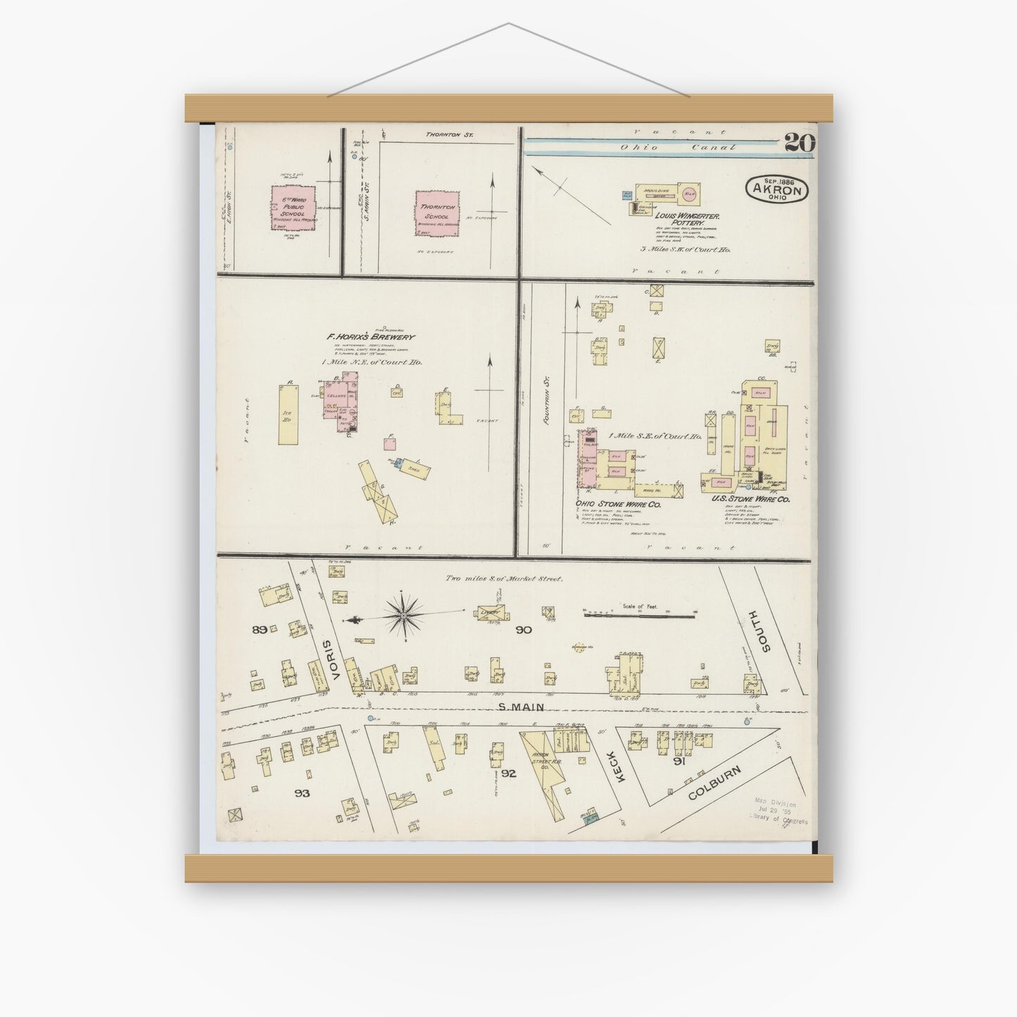 Old map wall art mockup — magnetic wood frame on white wall — Sanborn Fire Insurance Map from Akron, Summit County, Ohio (1886), Sheet #0020