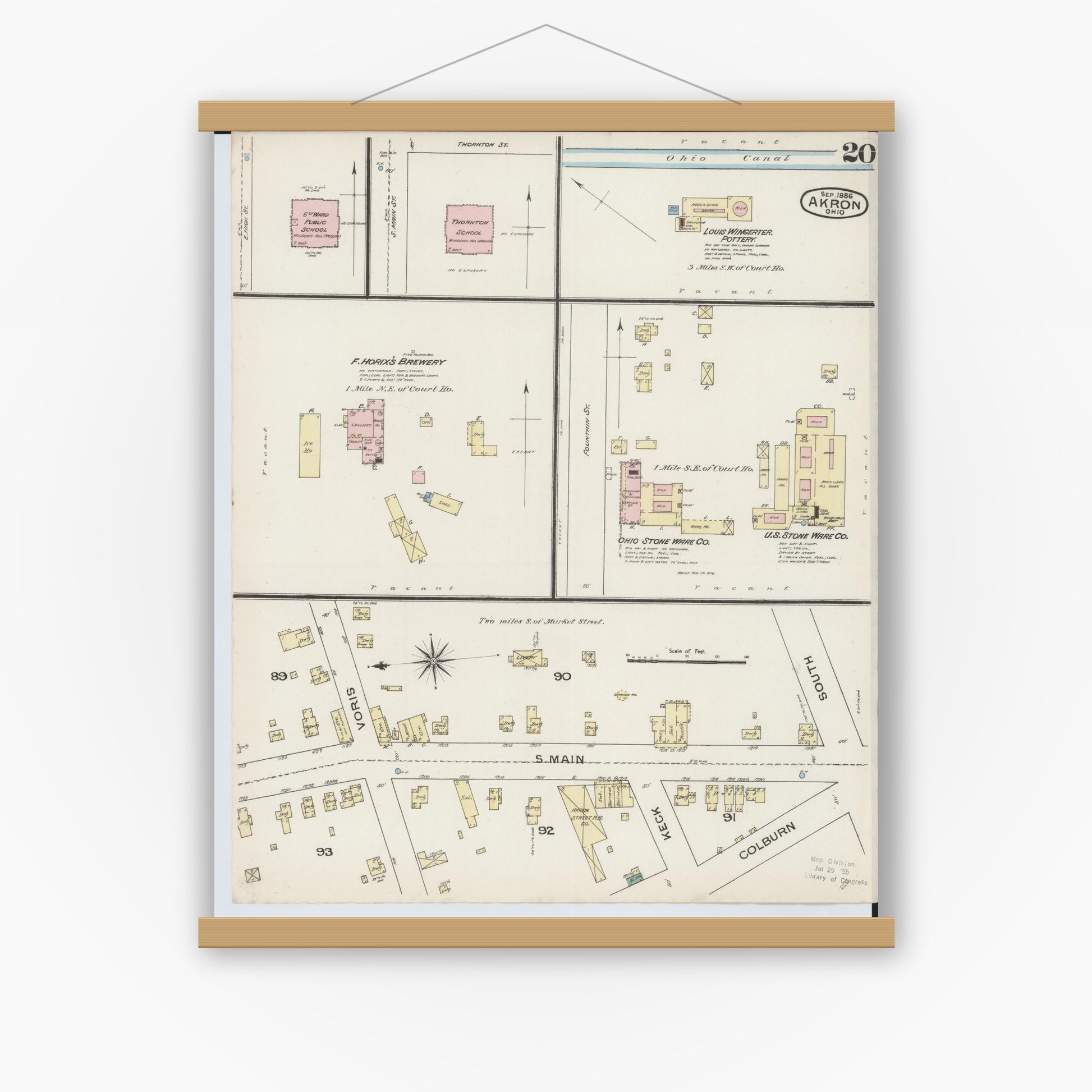 Old map wall art mockup — magnetic wood frame on white wall — Sanborn Fire Insurance Map from Akron, Summit County, Ohio (1886), Sheet #0020