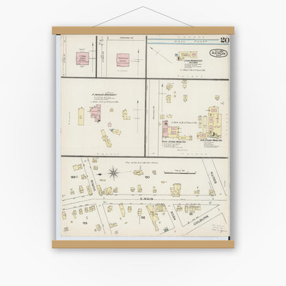 Old map wall art mockup — magnetic wood frame on white wall — Sanborn Fire Insurance Map from Akron, Summit County, Ohio (1886), Sheet #0020