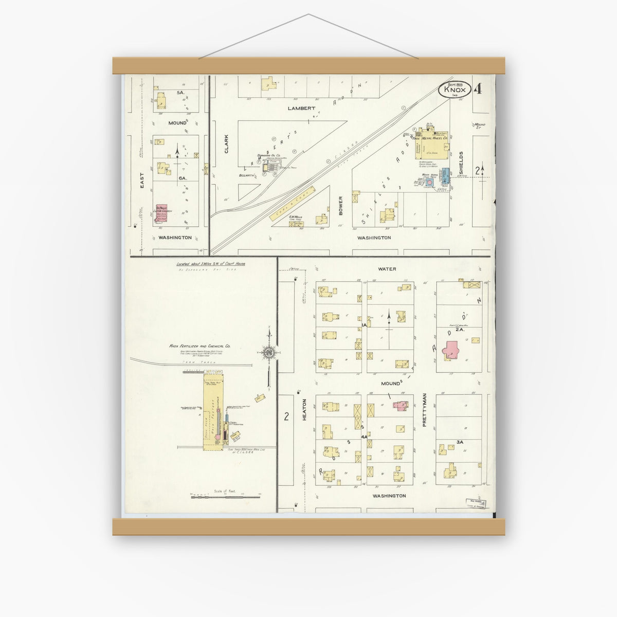 Old map wall art mockup — magnetic wood frame on white wall — Sanborn Fire Insurance Map from Knox, Starke County, Indiana (1909), Sheet #0004