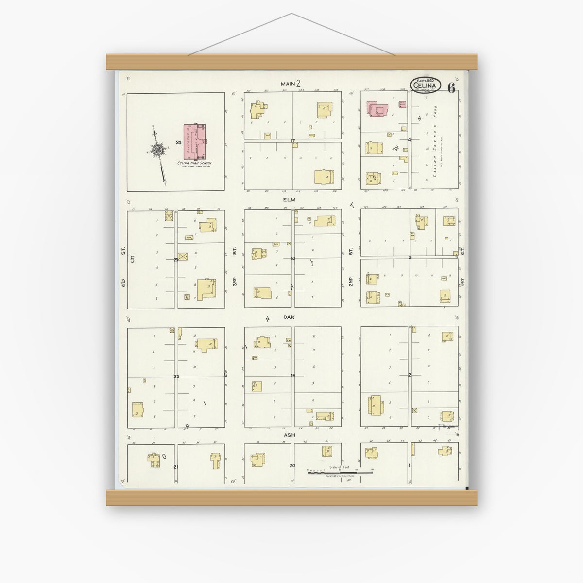 Old map wall art mockup — magnetic wood frame on white wall — Sanborn Fire Insurance Map from Celina, Collin County, Texas (1920), Sheet #0006