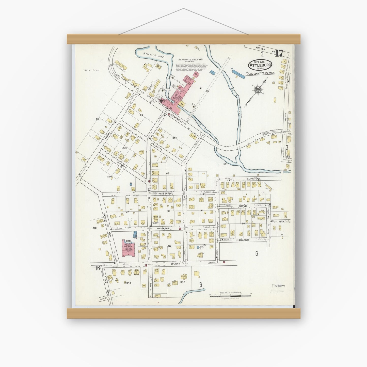 Old map wall art mockup — magnetic wood frame on white wall — Sanborn Fire Insurance Map from Attleboro, Bristol County, Massachusetts (1916), Sheet #0017
