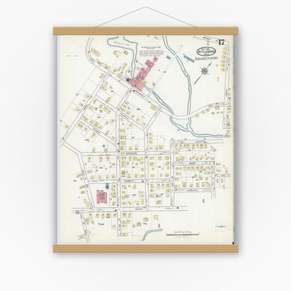 Old map wall art mockup — magnetic wood frame on white wall — Sanborn Fire Insurance Map from Attleboro, Bristol County, Massachusetts (1916), Sheet #0017
