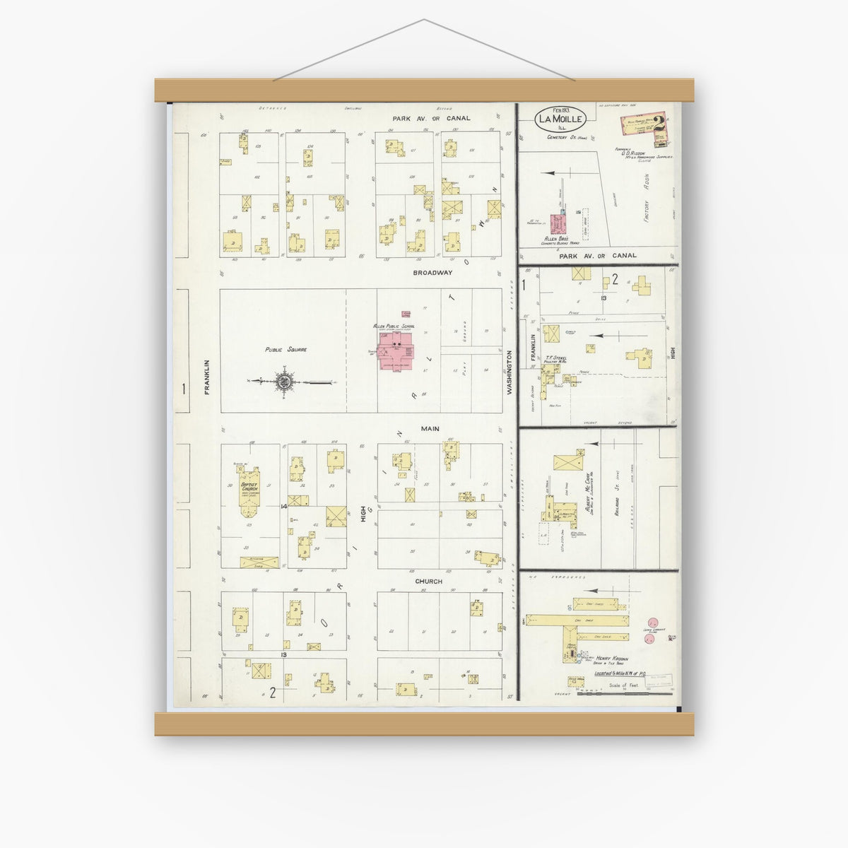 Old map wall art mockup — magnetic wood frame on white wall — Sanborn Fire Insurance Map from La Moille, Bureau County, Illinois (1913), Sheet #0002