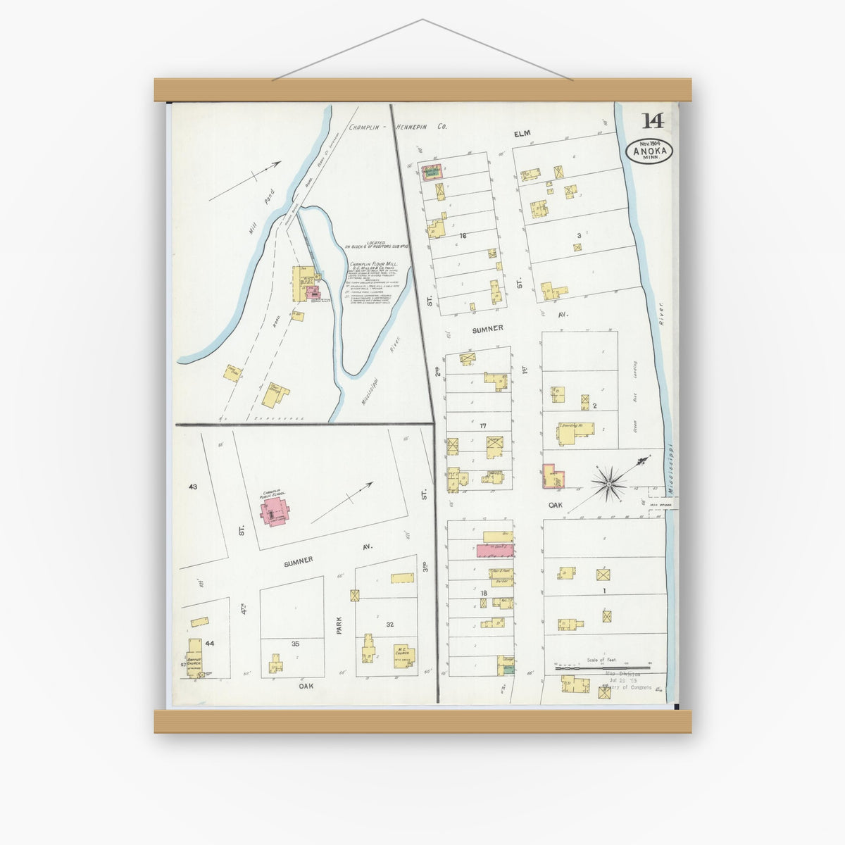 Old map wall art mockup — magnetic wood frame on white wall — Sanborn Fire Insurance Map from Anoka, Anoka County, Minnesota (1904), Sheet #0014