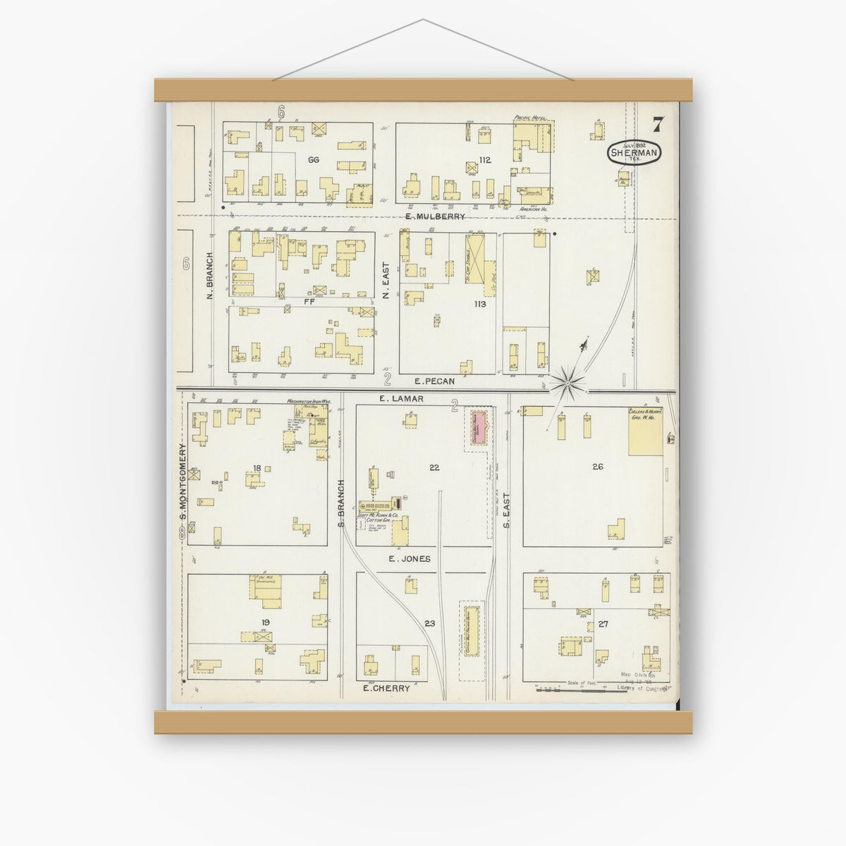 Old map wall art mockup — magnetic wood frame on white wall — Sanborn Fire Insurance Map from Sherman, Grayson County, Texas (1892), Sheet #0007