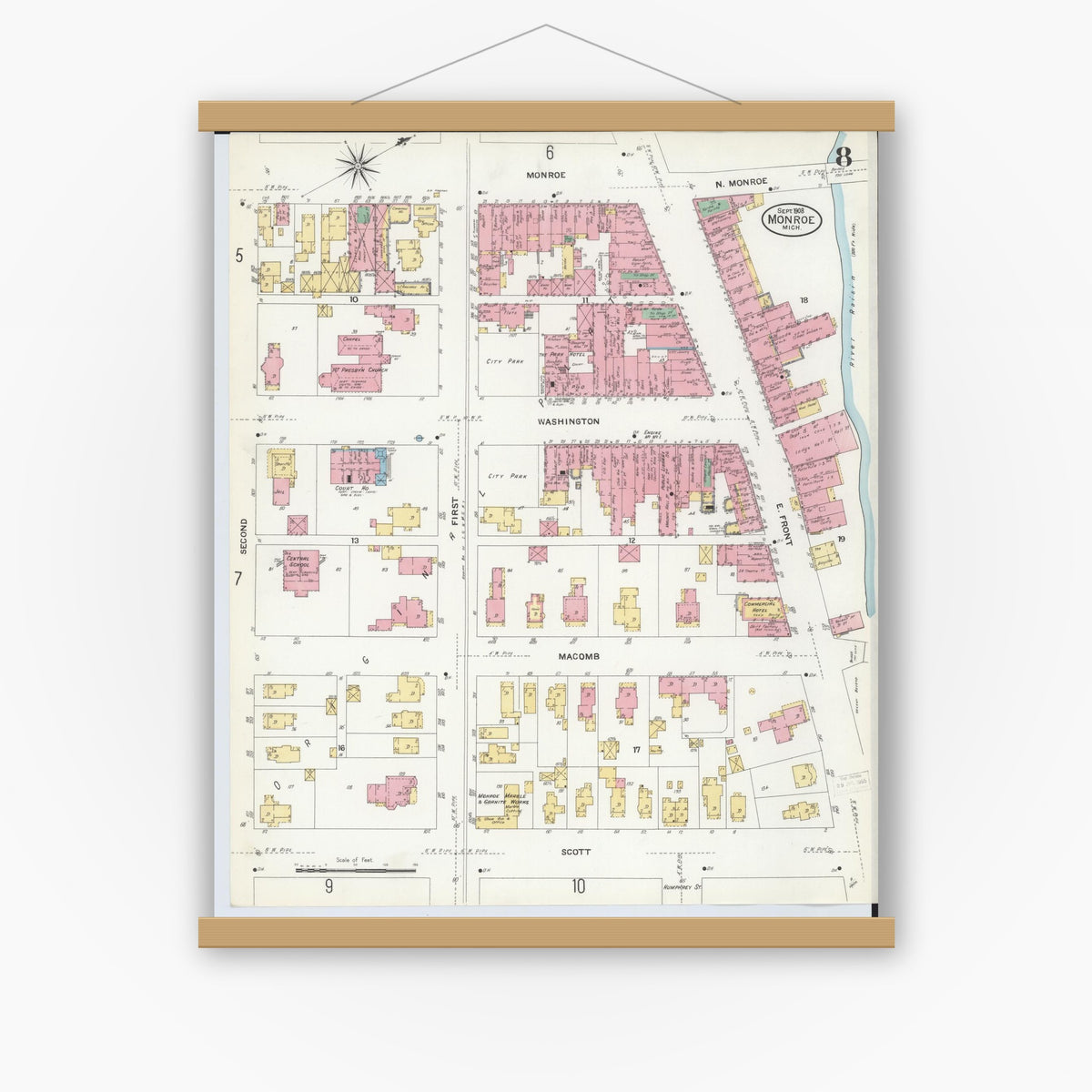 Old map wall art mockup — magnetic wood frame on white wall — Sanborn Fire Insurance Map from Monroe, Monroe County, Michigan (1908), Sheet #0008