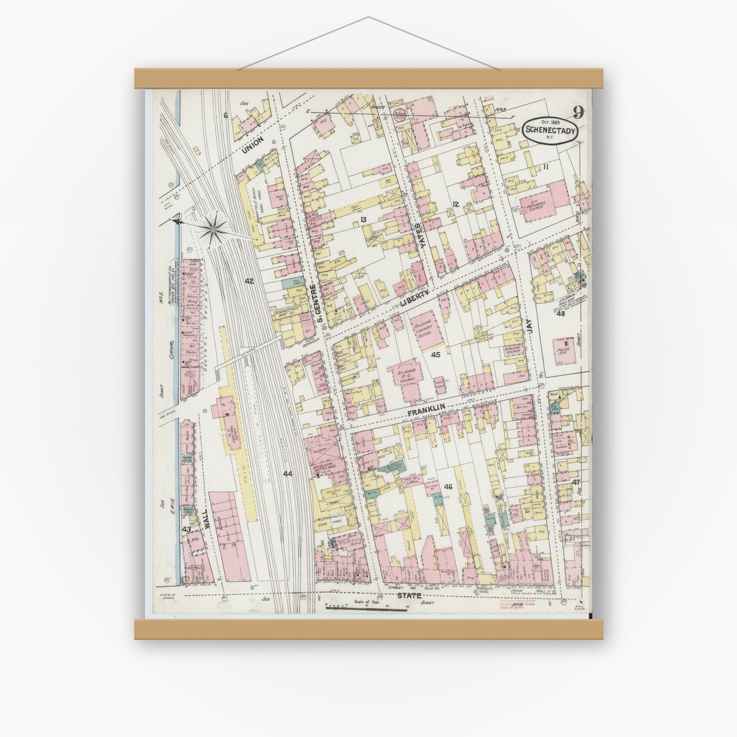 Old map wall art mockup — magnetic wood frame on white wall — Sanborn Fire Insurance Map from Schenectady, Schenectady County, New York (1889), Sheet #0009