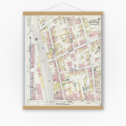 Old map wall art mockup — magnetic wood frame on white wall — Sanborn Fire Insurance Map from Schenectady, Schenectady County, New York (1889), Sheet #0009