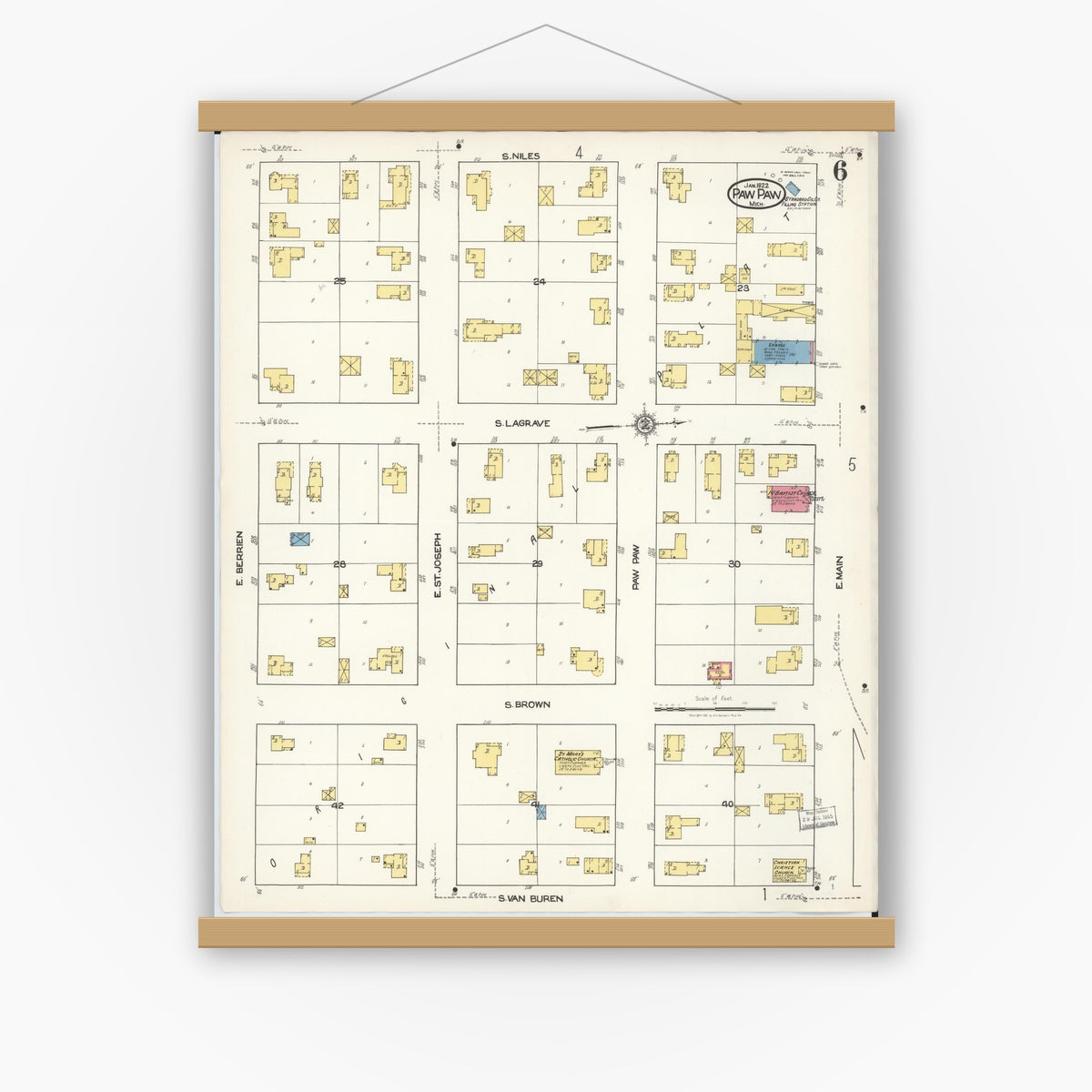 Old map wall art mockup — magnetic wood frame on white wall — Sanborn Fire Insurance Map from Paw Paw, Van Buren County, Michigan (1922), Sheet #0006