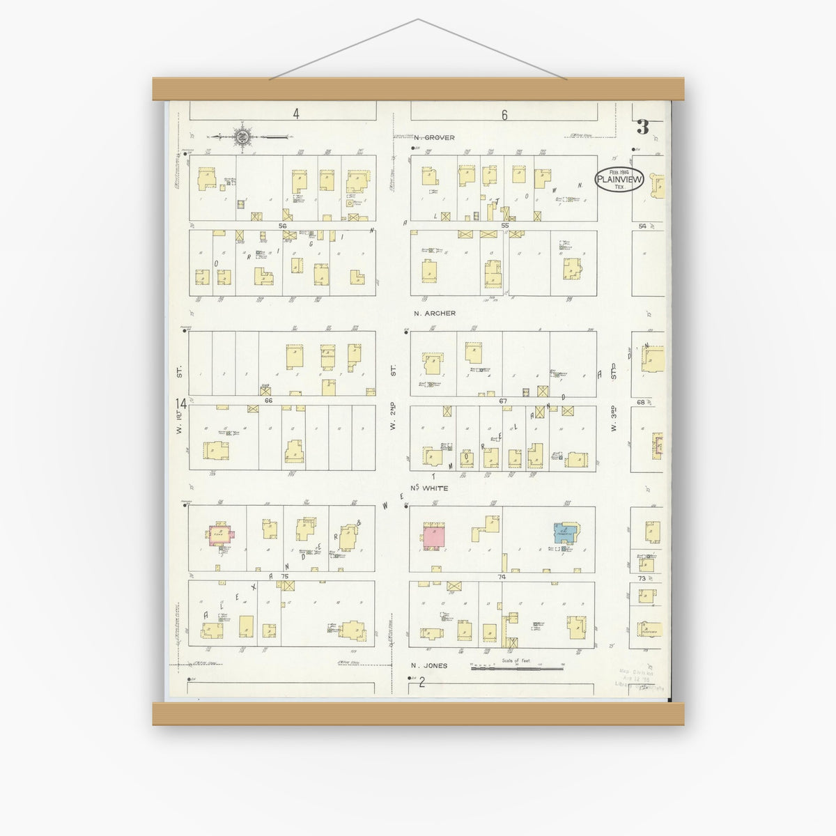 Old map wall art mockup — magnetic wood frame on white wall — Sanborn Fire Insurance Map from Plainview, Hale County, Texas (1914), Sheet #0003
