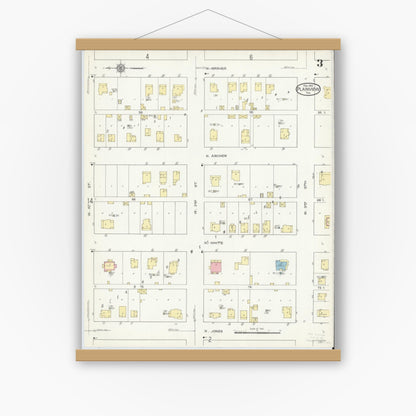 Old map wall art mockup — magnetic wood frame on white wall — Sanborn Fire Insurance Map from Plainview, Hale County, Texas (1914), Sheet #0003