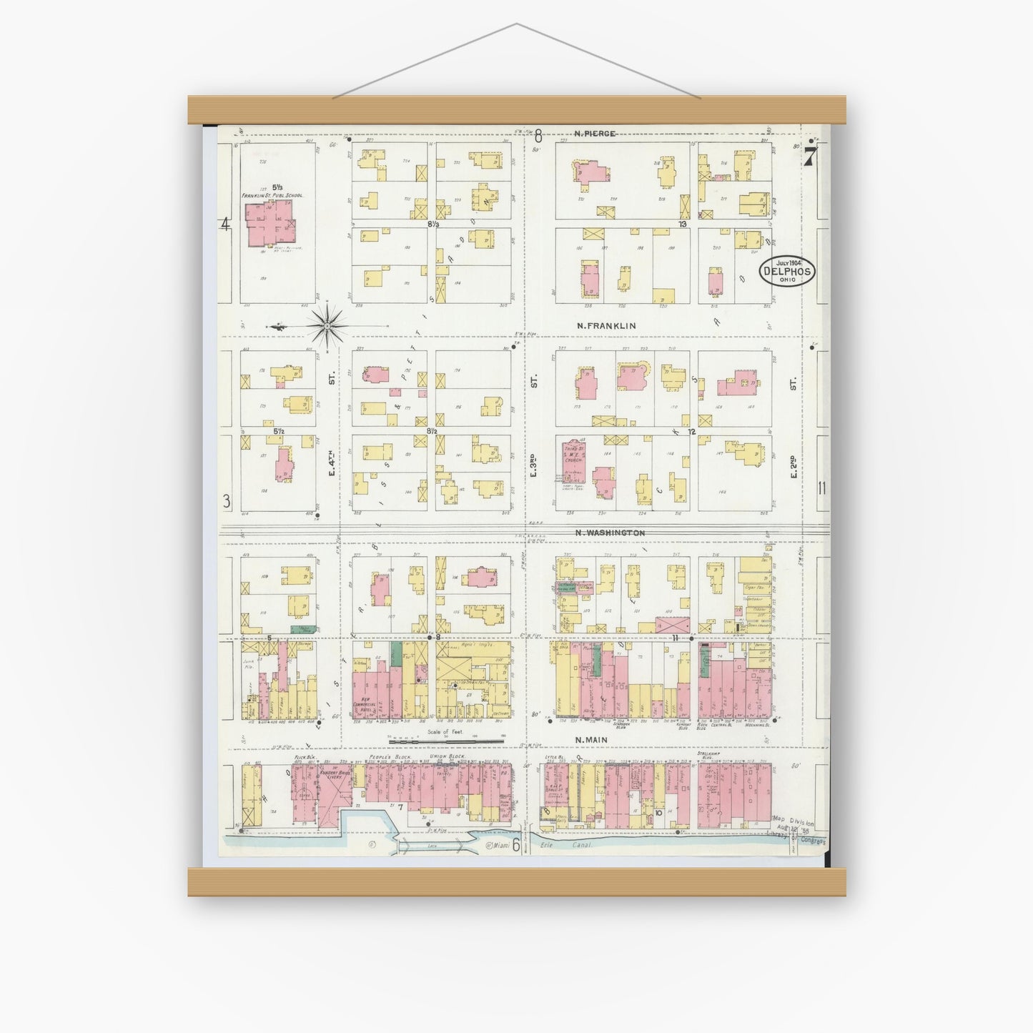 Old map wall art mockup — magnetic wood frame on white wall — Sanborn Fire Insurance Map from Delphos, Van Wert And Allen Counties, Ohio (1904), Sheet #0007