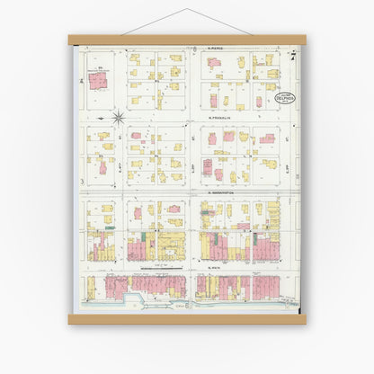 Old map wall art mockup — magnetic wood frame on white wall — Sanborn Fire Insurance Map from Delphos, Van Wert And Allen Counties, Ohio (1904), Sheet #0007