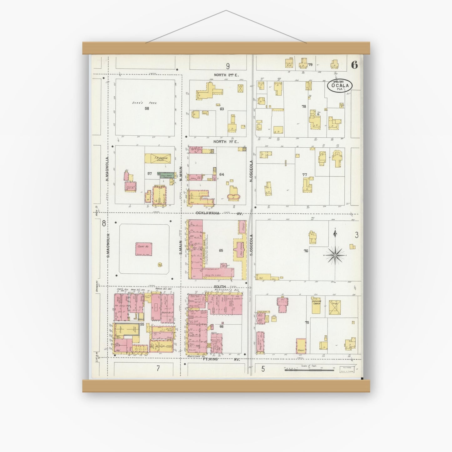 Old map wall art mockup — magnetic wood frame on white wall — Sanborn Fire Insurance Map from Ocala, Marion County, Florida (1901), Sheet #0006