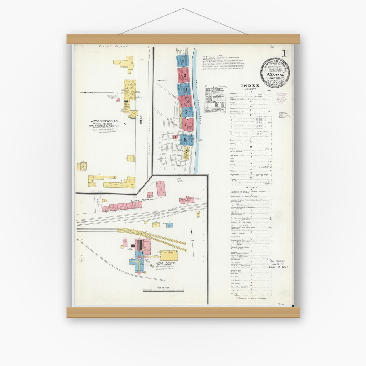 Old map wall art mockup — magnetic wood frame on white wall — Sanborn Fire Insurance Map from Marietta, Lancaster County, Pennsylvania (1904) - Complete Map Set