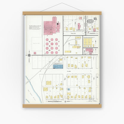 Old map wall art mockup — magnetic wood frame on white wall — Sanborn Fire Insurance Map from Austin, Mower County, Minnesota (1917), Sheet #0013