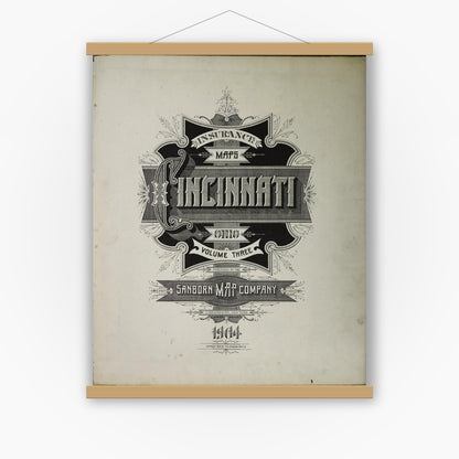 Old map wall art mockup — magnetic wood frame on white wall — Sanborn Fire Insurance Map from Cincinnati, Hamilton County, Ohio (1904), Sheet #0001