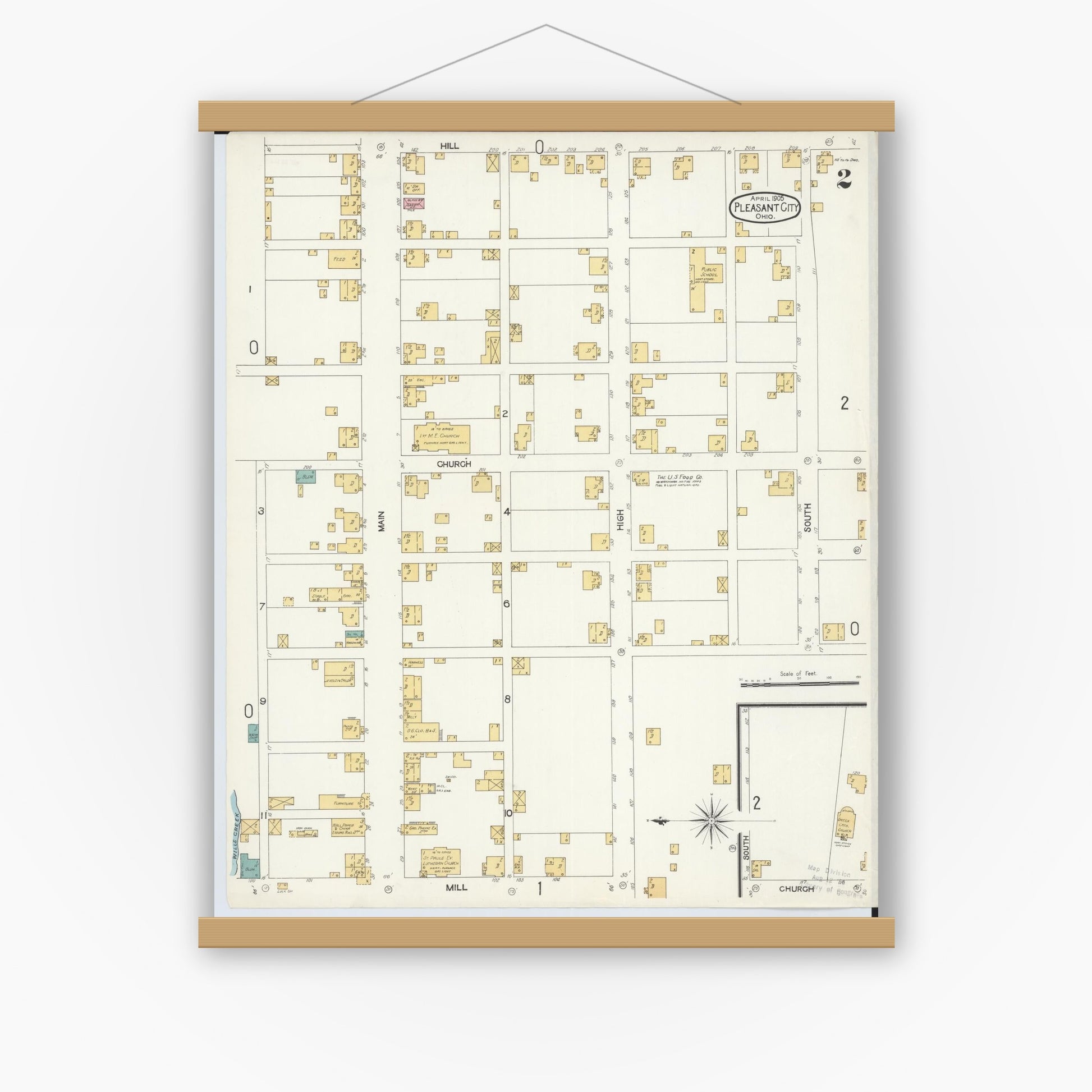 Old map wall art mockup — magnetic wood frame on white wall — Sanborn Fire Insurance Map from Pleasant City, Guernsey County, Ohio (1905), Sheet #0002