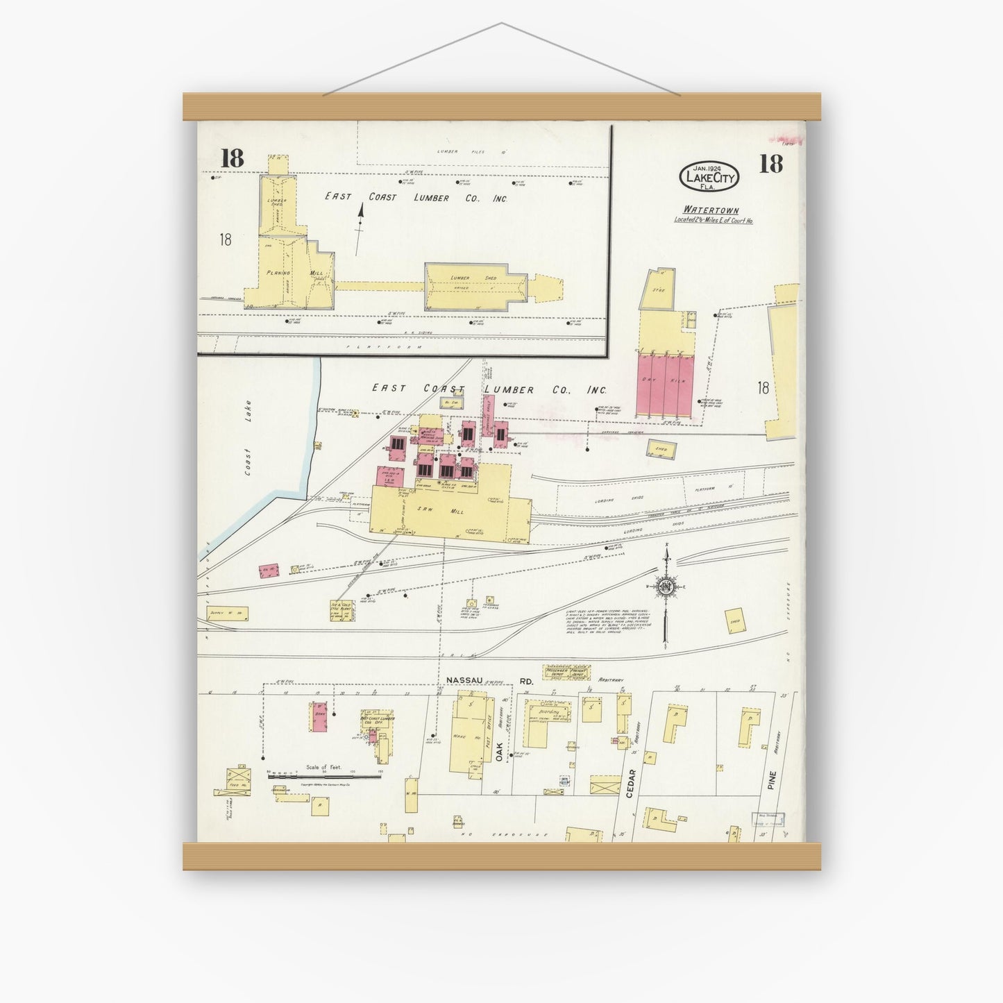 Old map wall art mockup — magnetic wood frame on white wall — Sanborn Fire Insurance Map from Lake City, Columbia County, Florida (1924), Sheet #0018