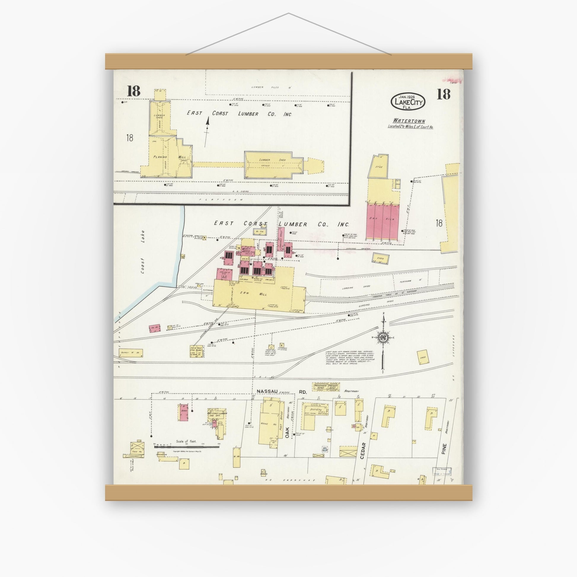 Old map wall art mockup — magnetic wood frame on white wall — Sanborn Fire Insurance Map from Lake City, Columbia County, Florida (1924), Sheet #0018