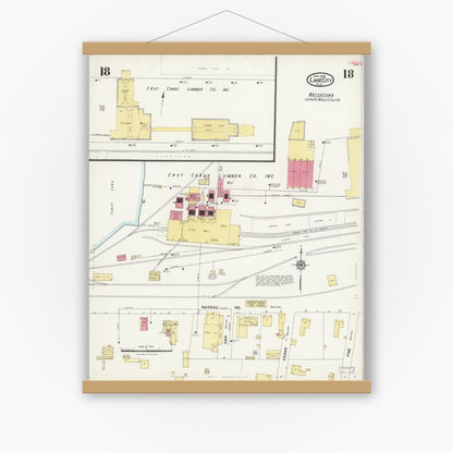 Old map wall art mockup — magnetic wood frame on white wall — Sanborn Fire Insurance Map from Lake City, Columbia County, Florida (1924), Sheet #0018
