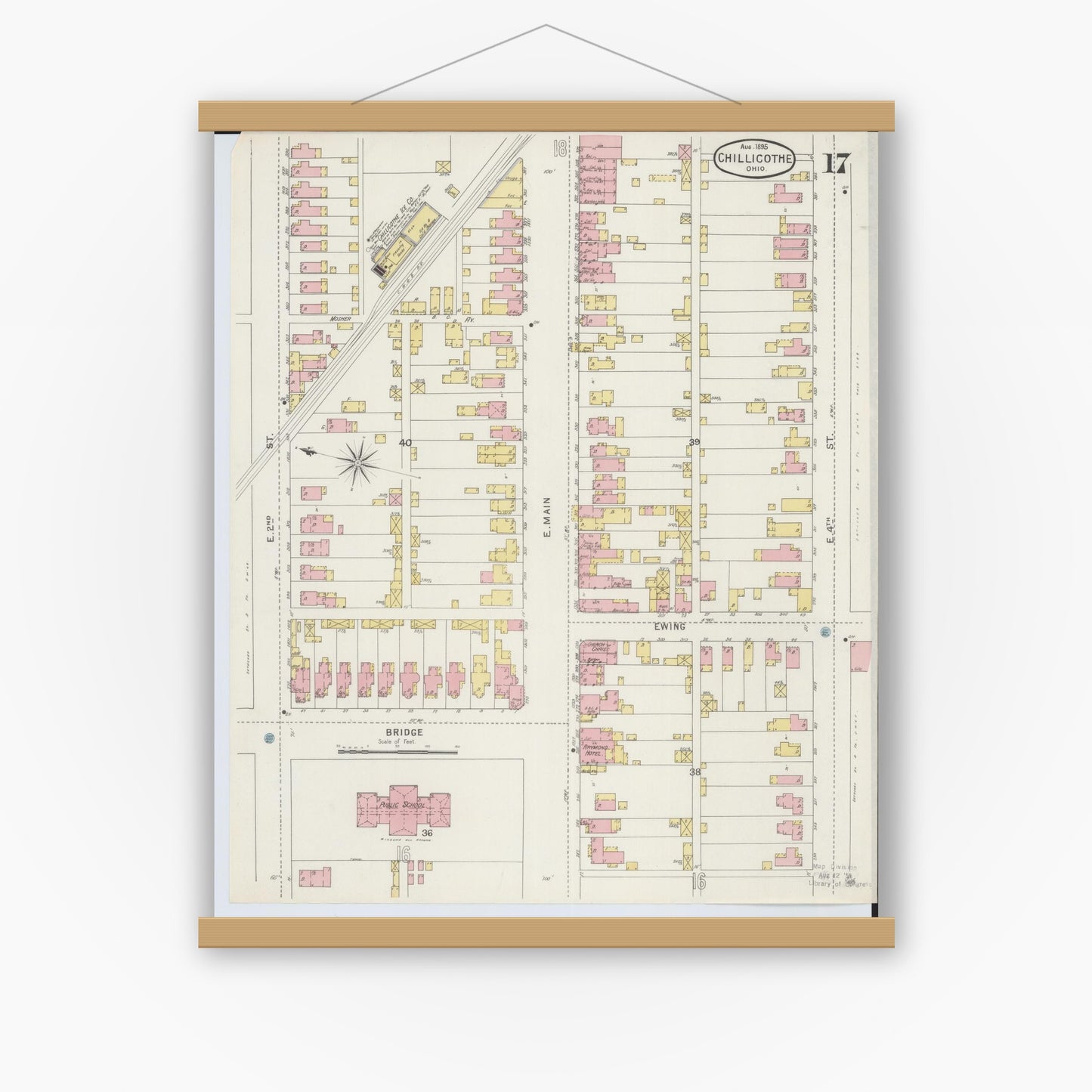Old map wall art mockup — magnetic wood frame on white wall — Sanborn Fire Insurance Map from Chillicothe, Ross County, Ohio (1895), Sheet #0017
