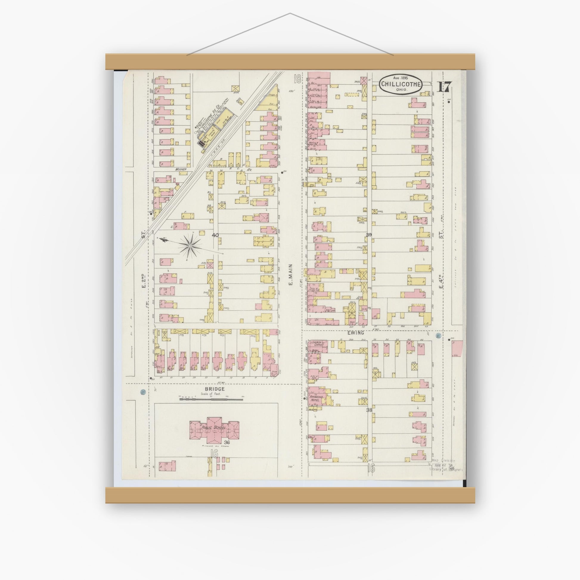 Old map wall art mockup — magnetic wood frame on white wall — Sanborn Fire Insurance Map from Chillicothe, Ross County, Ohio (1895), Sheet #0017