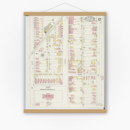 Old map wall art mockup — magnetic wood frame on white wall — Sanborn Fire Insurance Map from Chillicothe, Ross County, Ohio (1895), Sheet #0017
