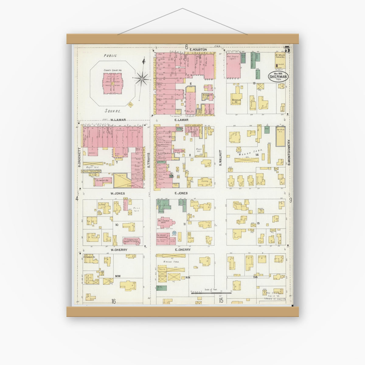 Old map wall art mockup — magnetic wood frame on white wall — Sanborn Fire Insurance Map from Sherman, Grayson County, Texas (1902), Sheet #0005