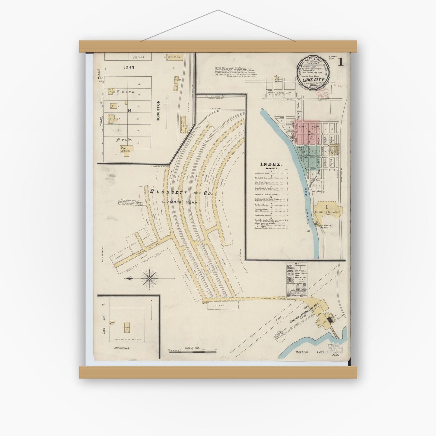 Old map wall art mockup — magnetic wood frame on white wall — Sanborn Fire Insurance Map from Lake City, Missaukee County, Michigan (1895) - Complete Map Set