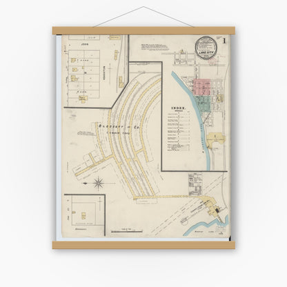 Old map wall art mockup — magnetic wood frame on white wall — Sanborn Fire Insurance Map from Lake City, Missaukee County, Michigan (1895) - Complete Map Set