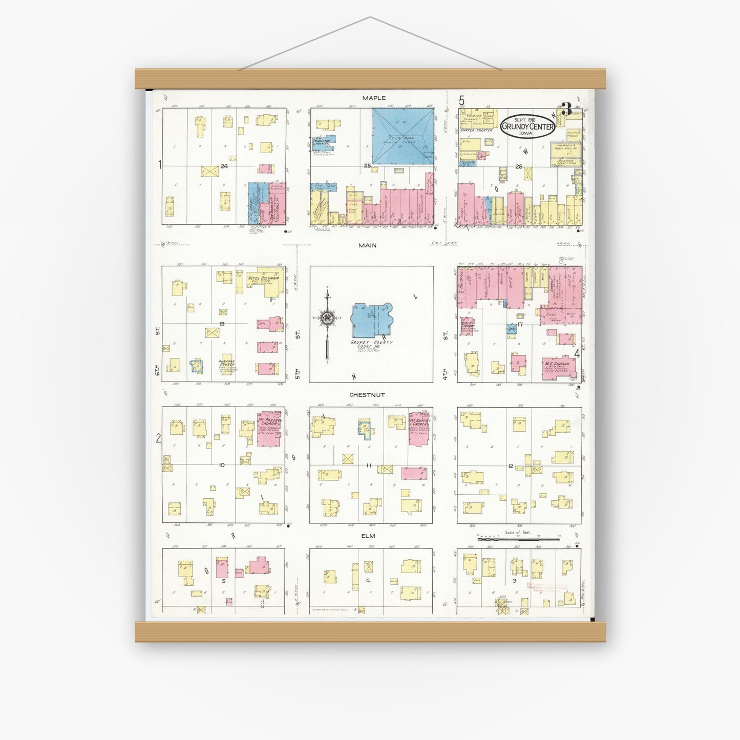 Old map wall art mockup — magnetic wood frame on white wall — Sanborn Fire Insurance Map from Grundy Center, Grundy County, Iowa (1916), Sheet #0003