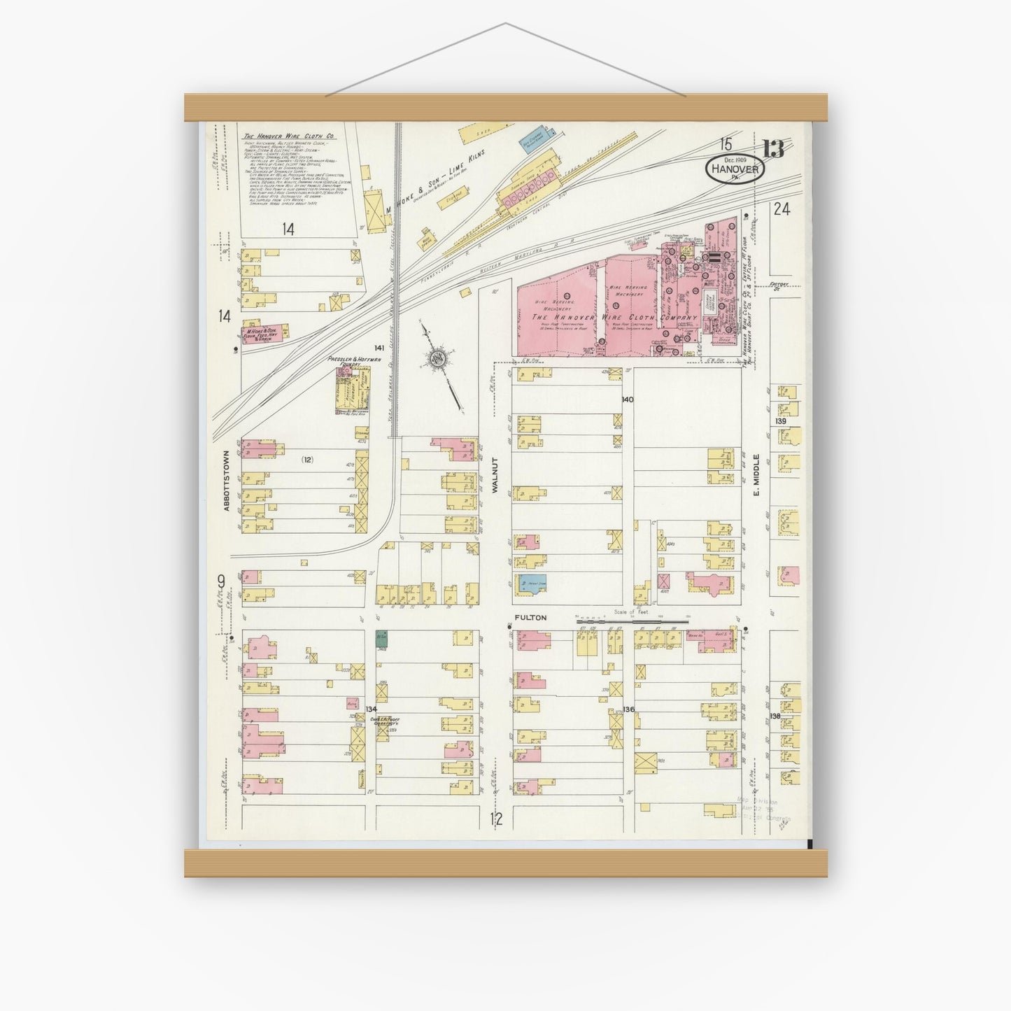 Old map wall art mockup — magnetic wood frame on white wall — Sanborn Fire Insurance Map from Hanover, York County, Pennsylvania (1909), Sheet #0013